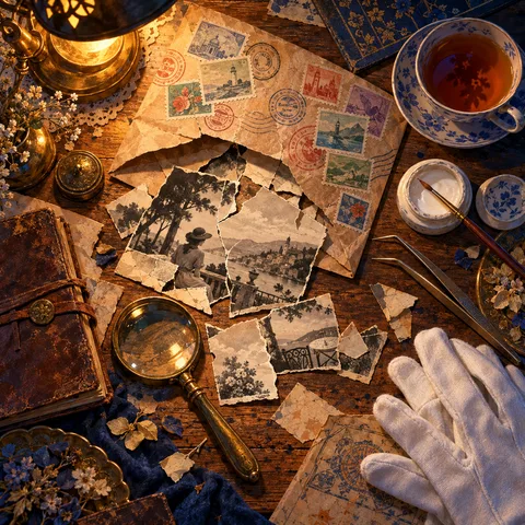 An opened envelope with old foreign stamps on a lamplit workbench, with torn black-and-white photographs, a magnifying glass and white cotton gloves.