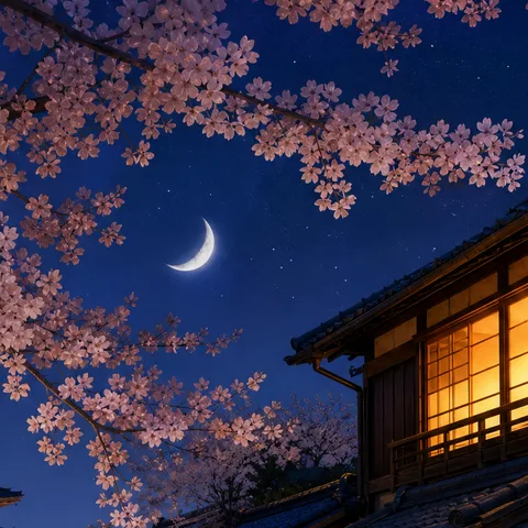 A thin crescent moon in a starry indigo sky, framed by pink cherry blossom branches above the lit eaves of a wooden house.