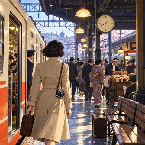 A young woman in a beige trench coat with a camera and suitcase on a busy Kyoto railway platform in 1962, cherry petals drifting in the air.