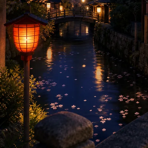 A red paper lantern on a wooden post beside a dark canal covered with floating cherry petals, with an arched bridge and lights in the distance.