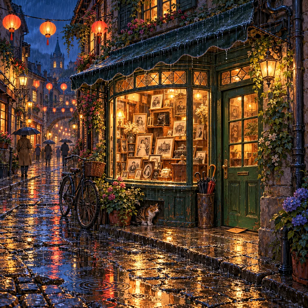 A small photo-repair shop on a narrow street at night in the rain, its bay window full of framed photographs, paper lanterns strung overhead.