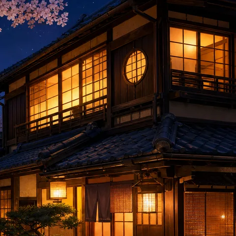 A traditional wooden Kyoto townhouse at night with glowing lattice windows, a round window, tiled roofs and an indigo curtain over the doorway.