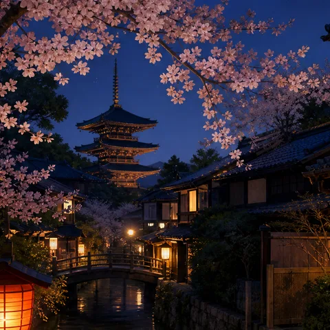 A five-storey pagoda rising above Kyoto rooftops at night, seen down a canal past an arched wooden bridge lined with lanterns, framed by cherry blossoms.