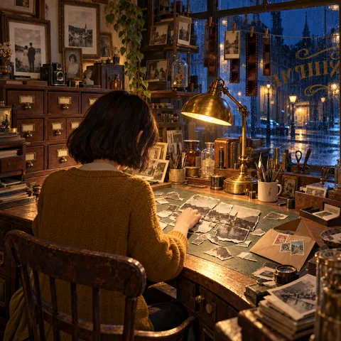 A young woman at a photo-repair workbench at night, piecing together a torn photograph under a brass lamp.