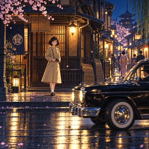 Young Ada in a beige trench coat holds a camera on a wet Gion sidewalk at night, while a vintage black car passes by under warm lantern light.
