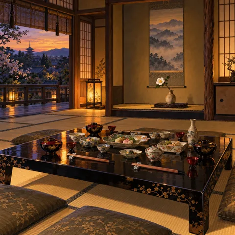 A traditional tatami dining room with a low black lacquer table set for guests, an alcove with a white camellia, and an open veranda looking toward Kyoto at dusk.