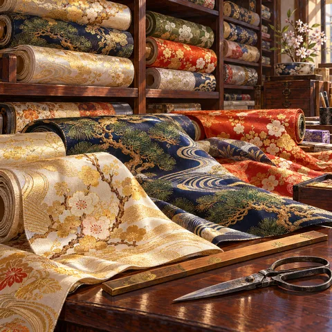 Rolled and draped bolts of patterned silk rest on wooden shelves and a counter beside a wooden yardstick and steel fabric shears.