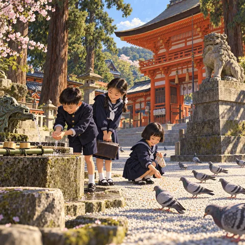Three Japanese school children in navy uniforms play near a stone water basin and feed pigeons on a sunlit gravel shrine courtyard before a red pavilion.