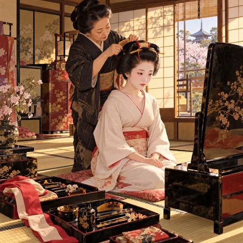 An apprentice geisha sits on tatami as a hairdresser styles her elaborate hair in front of a lacquer mirror and open shoji screen.