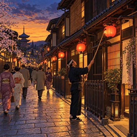 A lamplighter uses a long bamboo pole to light a red paper lantern on a Kyoto street at dusk, with pedestrians walking past wooden machiya and a distant pagoda.