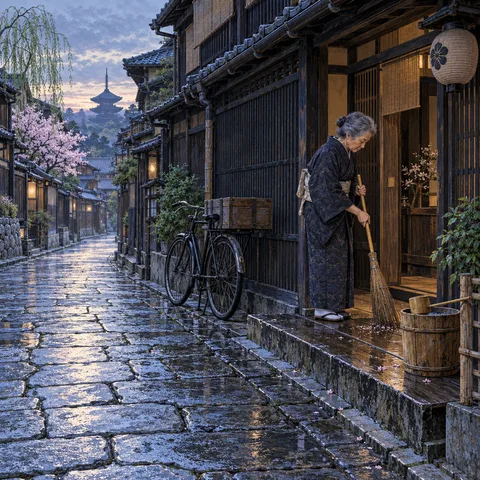An elderly woman sweeps the wooden step of a Kyoto teahouse at dawn beside a bicycle and a water bucket, with a pagoda visible down the wet stone street.