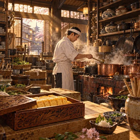 A cook in a white headband tends steaming copper pots over a brick hearth in a sunlit wooden kitchen with a carved bento box in the foreground.