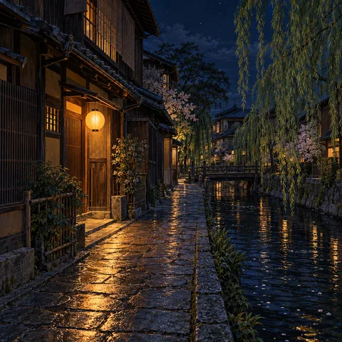 A stone-paved lane beside a canal in Kyoto at night, with traditional wooden machiyas, a glowing round paper lantern, weeping willow branches, and a small bridge.