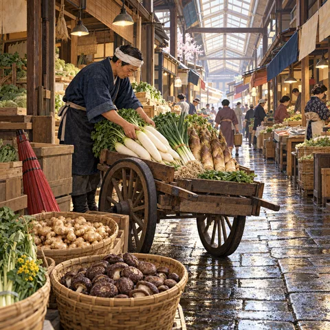 A vendor in an indigo apron arranges daikon radishes on a wooden cart beside baskets of mushrooms, ginger, and a folded red umbrella.