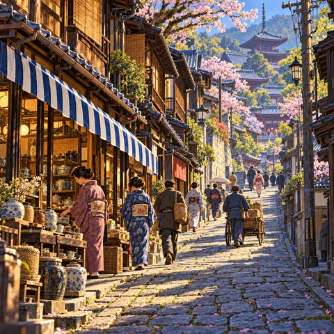 Pedestrians walk up a sunlit cobblestone slope in Kyoto lined with wooden pottery shops under a striped awning, toward temple roofs and cherry blossoms.