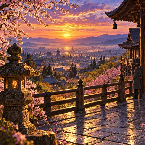 A stone terrace and carved lantern overlook Kyoto at sunset, while a man in a grey coat stands beside a wooden temple pavilion gazing across the glowing valley.