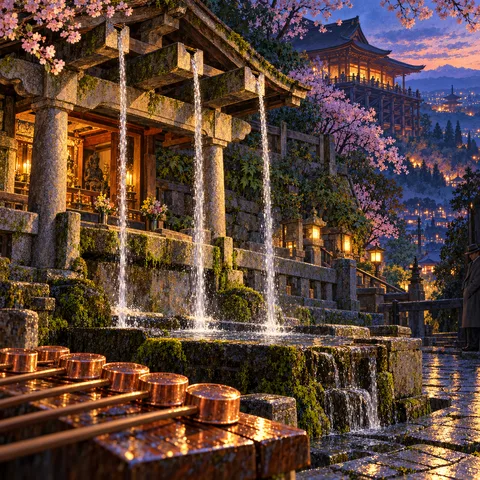 Three streams of water fall from a stone pavilion into a mossy basin, with long-handled copper cups resting on a wooden bench at dusk.