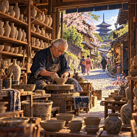 An elderly potter shapes a clay bowl inside his workshop, looking out to a sunny Kyoto street with cherry blossoms and a pagoda.