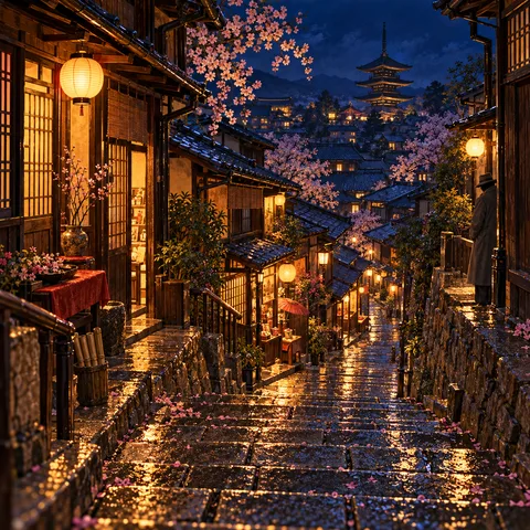 Wet stone stairs descending past timber shopfronts and glowing paper lanterns at night, with blooming cherry trees and a man in a grey coat.