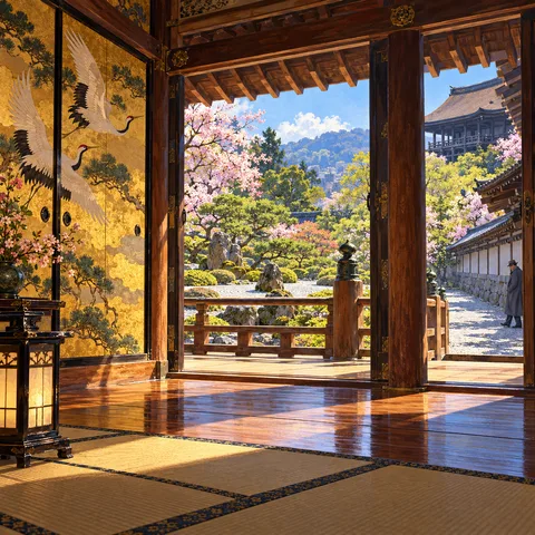 A temple hall with tatami mats and a gold crane screen opens to a raked gravel garden and blooming cherry trees, while a man in a grey coat walks along a path outside.
