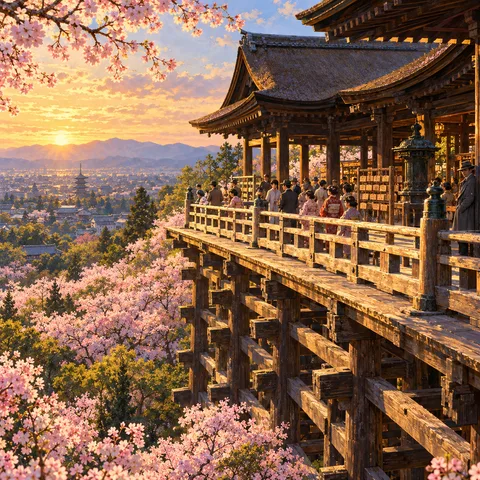 The elevated wooden stage of Kiyomizu-dera temple overlooking a valley of blooming cherry blossoms at sunset, with visitors gathered along the balustrade.