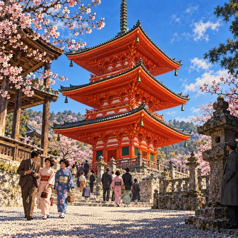 A vermilion three-story pagoda towers over temple visitors on a gravel path lined with cherry blossoms, with a man in a grey coat watching from the edge.
