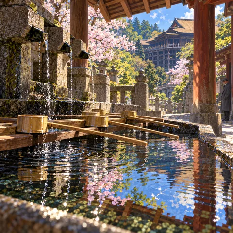 A stone water purification pavilion at Kiyomizu with bamboo ladles resting over a clear basin reflecting cherry blossoms, with the wooden temple hall in the distance.