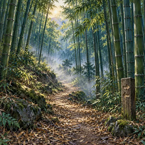 A dirt trail covered in fallen leaves winds through a misty bamboo grove with a carved wooden trail marker in the foreground.