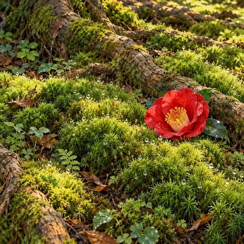 A vibrant red camellia blossom rests on a lush green carpet of moss and gnarled tree roots, with glistening morning dewdrops catching the light.