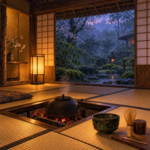 A warm tatami room with a steaming iron kettle and tea whisk looks out at a rainy moss garden at dusk.