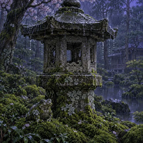 An antique stone lantern dripping with evening rain stands in deep green moss beside a quiet pond, with a small carved stone frog resting at its base.