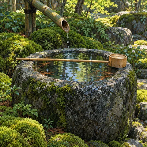 A carved stone water basin surrounded by lush green moss, with water dripping from a bamboo spout and a bamboo ladle resting on the rim.