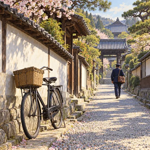 A black bicycle with a front wicker basket rests against a plaster wall as a postman walks up a cobblestone lane toward a temple gate under blooming cherry blossoms.