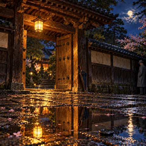 A wooden temple gate glows under an amber lantern at night, with wet stone paving, an umbrella, and a man in a grey coat standing beside the wall.