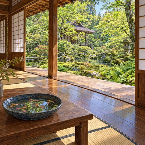 Polished wooden veranda overlooking a lush moss garden with a pond and pavilion, with a blue dish of water and maple seeds on a low cedar table in the foreground.