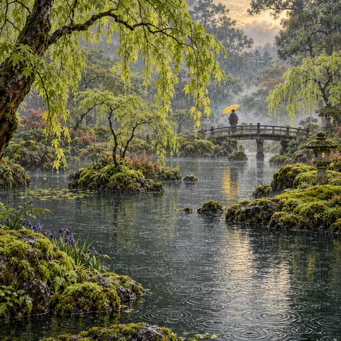 A mossy temple pond in gentle rain with rippling water, weeping maple branches, and a solitary figure holding a yellow umbrella on an arched bridge.