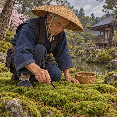 An elderly gardener in a straw hat kneels by a moss garden, using iron tweezers to clear pine needles into a woven basket beside a temple pond.