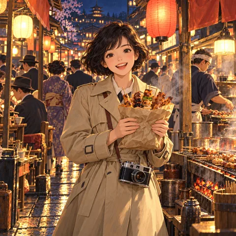 Seventeen-year-old Ada smiles in her beige trench coat at a night market stall, holding a bag of steaming skewers with a vintage camera at her waist.