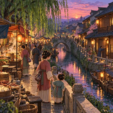 A stone canal path at sunset lined with food stalls and willows, where a mother and child walk beside rippling water as lanterns turn on.