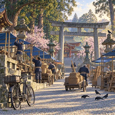 Workers erect market stalls with blue tarps along a gravel path leading to a grand stone torii gate at a Kyoto shrine in early morning sunlight.