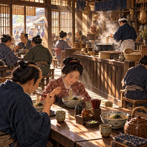 Diners eat bowls of soba noodles at wooden tables in a sunlit Kyoto shop as steam rises from a cauldron and sunlight pours through lattice windows.
