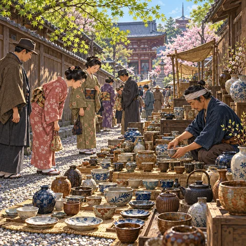 A potter arranges ceramic bowls on straw mats along a Kyoto shrine lane as shoppers in kimonos browse under spring maple trees.