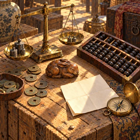 Warm sunlight falls across an antique stall table displaying brass scales, bronze coins, a dark abacus, a brass pocket compass, and a carved wooden hare.