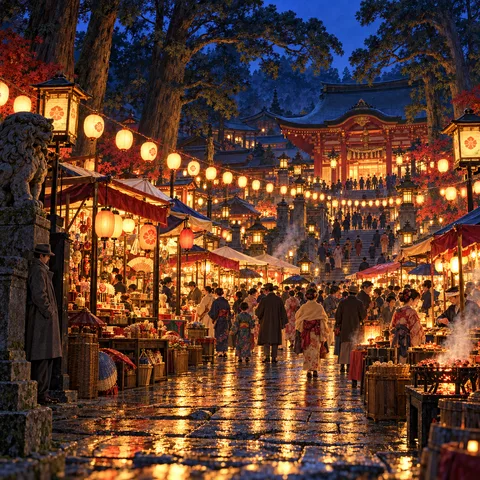 Evening market at a Kyoto shrine with glowing paper lanterns, crowded stalls, stone steps, and a man in a grey coat standing beside a stone lion.