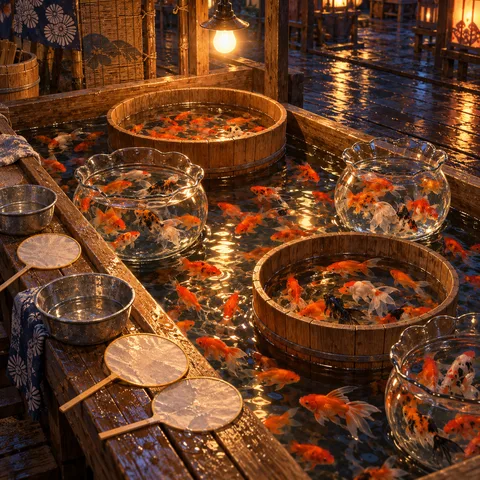 A wooden night market trough with swimming goldfish, circular cedar tubs, glass bowls, paper scoops, and a warm hanging light bulb reflecting on dark water.