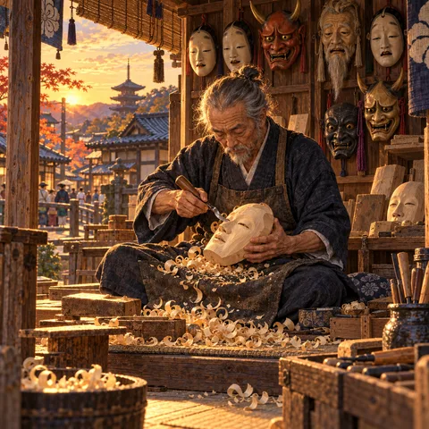 An elderly craftsman carves a wooden noh mask in a sunlit Kyoto workshop, surrounded by curled wood shavings, hanging theatrical masks, and a distant pagoda at sunset.