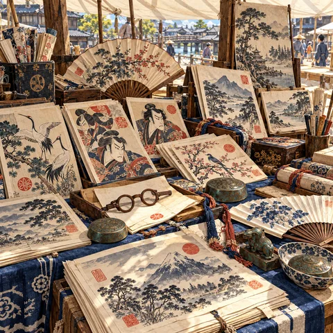 Stacks of Japanese woodblock prints, painted paper fans, and round reading glasses arranged over an indigo cloth stall under a sunny market canopy.