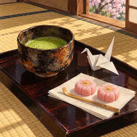 A dark lacquered tray on tatami mats holds a ceramic bowl of frothy green matcha, two pink flower sweets on a white napkin, and a folded white paper crane.