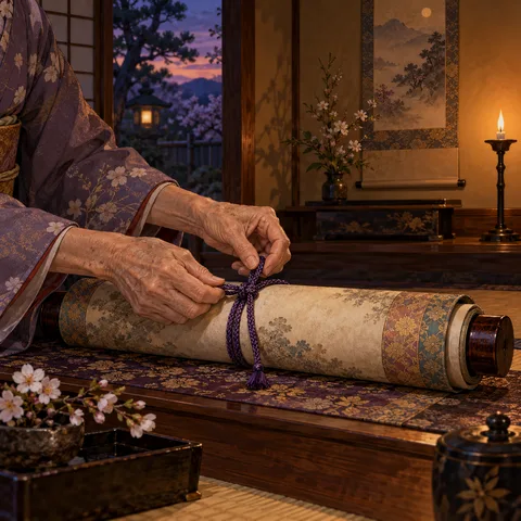 Elderly hands in a lavender kimono tie a braided purple cord around a rolled hanging scroll in a tearoom at dusk.