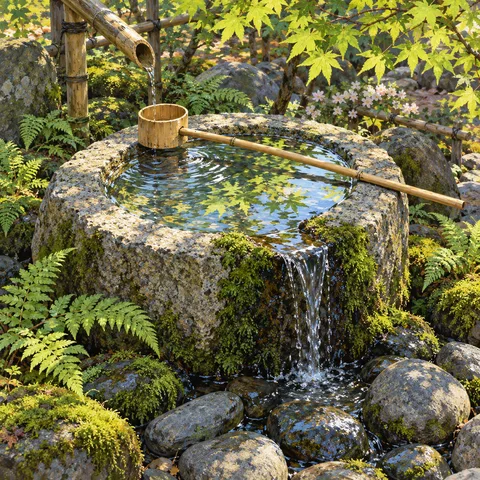 A carved bamboo ladle rests on a round stone water basin with water cascading over moss into grey river stones under morning sunlight.